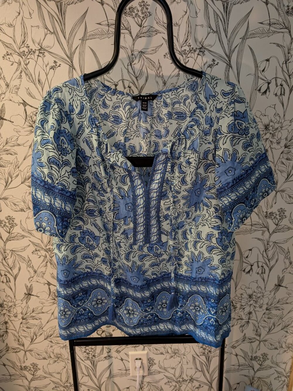 Tribal Blue & White Boho Print Blouse | Size Medium